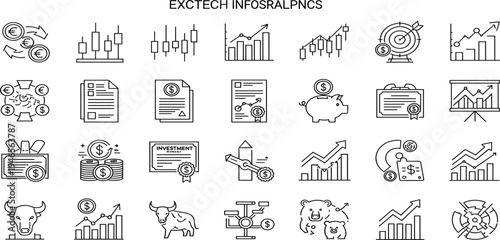 Fintech and Stock Market Line Icon Set Featuring Trading Charts, Investment Documents, Bull Bear Market Symbols, Financial Growth, and Business Analytics Vector Icons