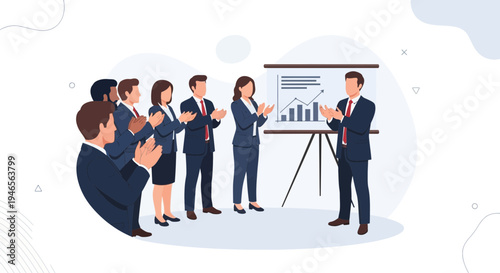 Business team applauds successful presentation by speaker at whiteboard