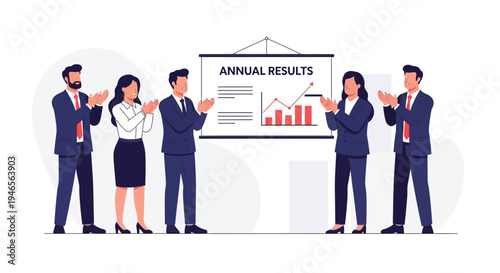 Business team applauding successful annual results presentation with graph