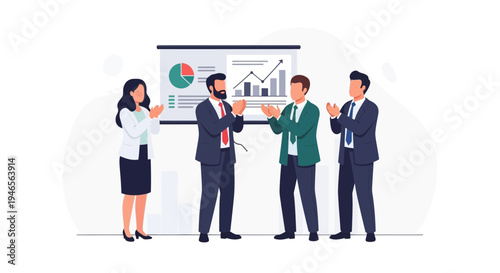 Business team applauding success during presentation with charts and graphs