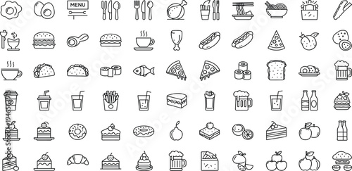 Food and Drink Line Icon Mega Set with Fast Food Coffee Desserts Fruits and Restaurant Menu Symbols, Minimal Outline Vector Illustration Collection
