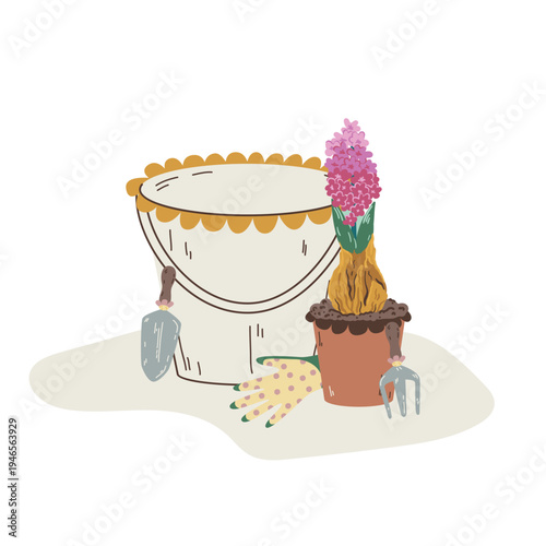 Spring gardening set with white bucket, pink hyacinth and garden tools