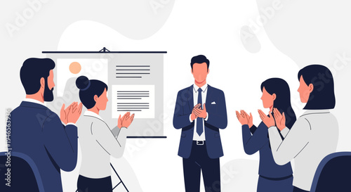Business meeting success, speaker presenting to applauding colleagues in a modern office.