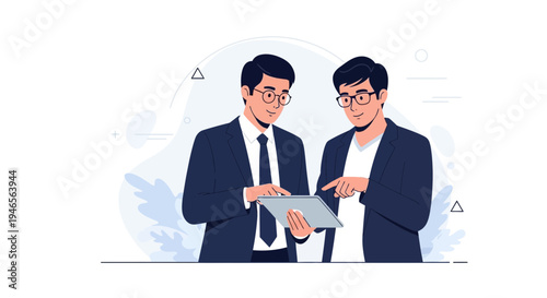 Two businessmen in suits discussing a tablet, modern office illustration