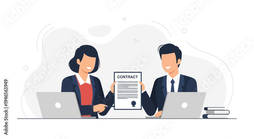 Business Agreement: Two Professionals Sign Contract with Laptops and Books