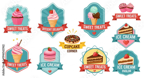 Collection of sweet treats and desserts emblems and labels.