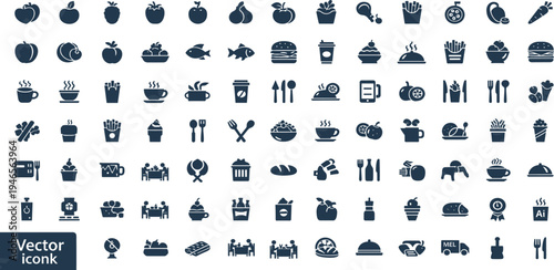 Food and Drink Solid Icon Set with Fruits, Vegetables, Coffee, Burger, Fries, Restaurant Dining, Kitchen Utensils, and Beverage Symbols for Menu and App Design