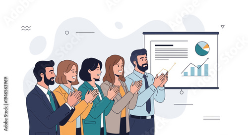 Business team applauding during presentation with financial charts on screen