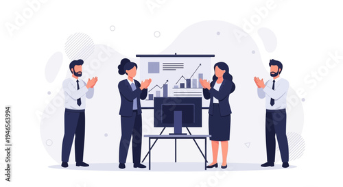 Business team applauding during a successful presentation with charts and graphs.
