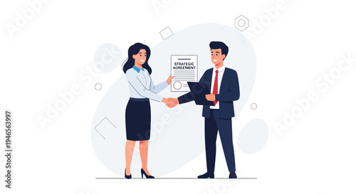 Business partners shaking hands over strategic agreement document, partnership concept