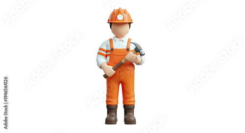 3D Cartoon Construction Worker Holding a Hammer