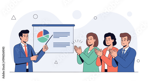 Business presentation with pie chart and clapping audience, successful meeting concept