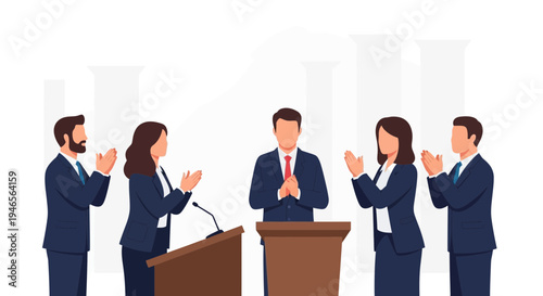 Politician Speaking at Podium with Supporters Applauding, Political Debate