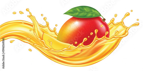 Fresh Mango with Juice Splash Illustration Showing Ripe Tropical Fruit in Liquid Splash for Juice Advertising, Beverage Packaging, Healthy Drink, and Summer Food Design
