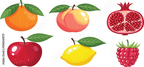 Fresh Fruit Vector Set with Orange, Peach, Pomegranate, Apple, Lemon, and Raspberry Colorful Healthy Food Illustration Collection