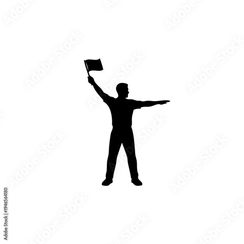 A person standing with one arm extended and holding a flag in the other hand.