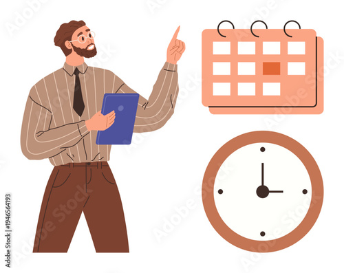 Time management, scheduling, productivity, workplace organization, business planning, deadlines. A professional man holding a clipboard pointing to a calendar and clock. Time management