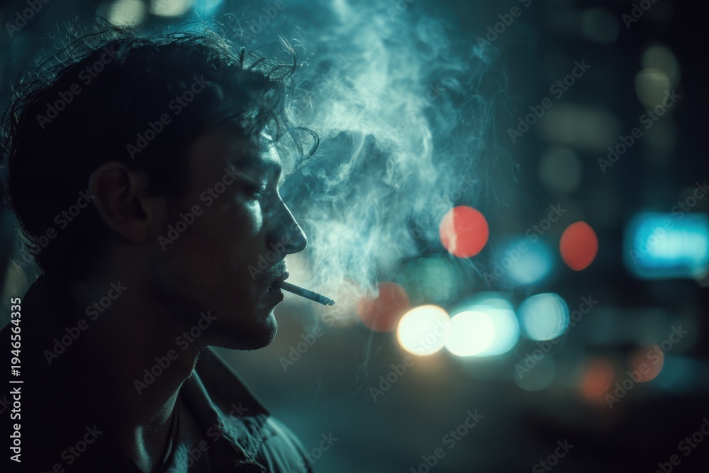 Fototapeta premium Candid portrait of a man exhaling smoke against city lights