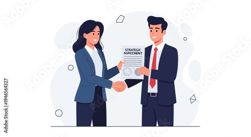 Business partners shaking hands over strategic agreement document