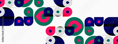 Abstract pattern features overlapping circles, squares, vibrant colors. Composition creates playful, modern visual texture.