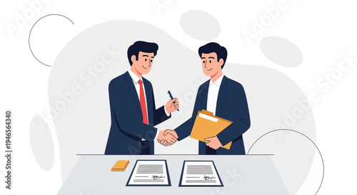 Businessmen shaking hands over contract, partnership agreement, deal closing, teamwork