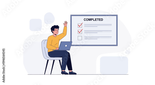 Man with Laptop Raises Hand Near Completed Checklist Board