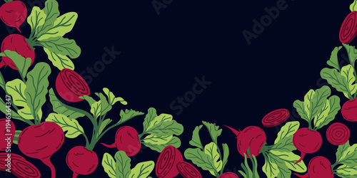 Colorful horizontal  pattern of ripe beets in a linear style. Vibrant vector illustration of healthy vegetarian food.