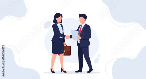 Business handshake between man and woman in suits, agreement, partnership, success