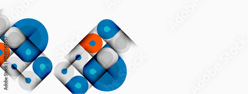 Abstract geometric shapes, blue, orange, gray. Overlapping circles, squares create modern design. Minimalist composition, clean lines, flat style.