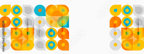 Retro pattern. Geometric shapes repeat, creating vibrant visual texture. Orange, teal, gray dominate design. Simple, playful aesthetic.