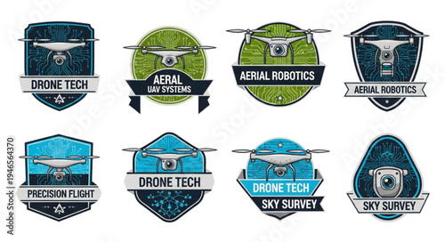 Collection of drone technology emblems and badges.