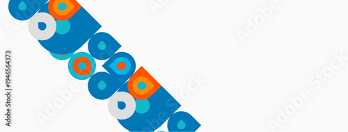 Abstract geometric shapes, circles, squares, vibrant colors. Diagonal arrangement creates dynamic visual impact. Minimalist design.