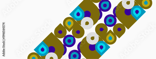 Abstract pattern features overlapping circles, squares, varied colors. Minimalist design, geometric shapes create dynamic composition.