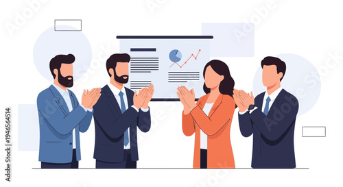 Business team applauding success at presentation, celebrating achievement, teamwork, meeting