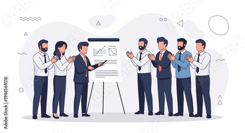 Business team applauding presentation success at whiteboard meeting