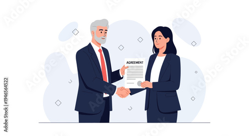 Business agreement handshake between man and woman, signing contract, partnership deal
