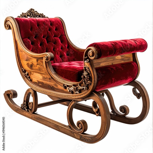 Ornate wooden sleigh with red velvet upholstery (1)