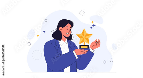 Woman holding a golden star trophy, celebrating achievement and success