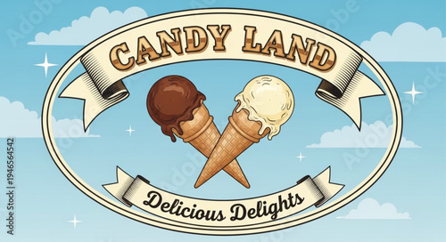 Two delicious ice cream cones in waffle cones with Candy Land text.