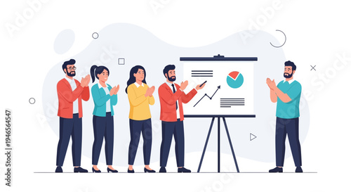 Business team applauding successful presentation with charts on whiteboard