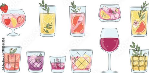 Fruit Cocktail and Refreshing Drink Glass Set with Citrus, Strawberry, Ice Cubes and Herbs Colorful Beverage Vector Illustration Collection