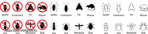 Pest control vector set collection group with insect rodent prohibition icons, bug mosquito rat cockroach symbol, no pest sign silhouette outline isolated design on transparent background.