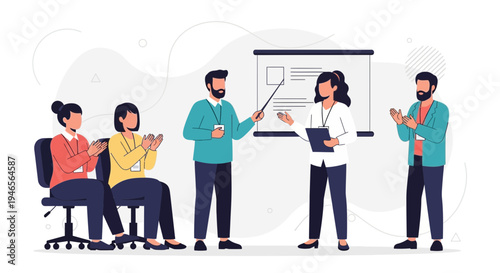 Business meeting presentation with audience clapping, successful team collaboration