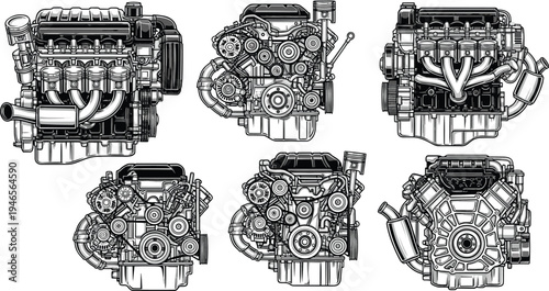 Detailed car engine set illustration, multiple automotive motor views, mechanical parts diagram, vintage engraving style vehicle engine isolated