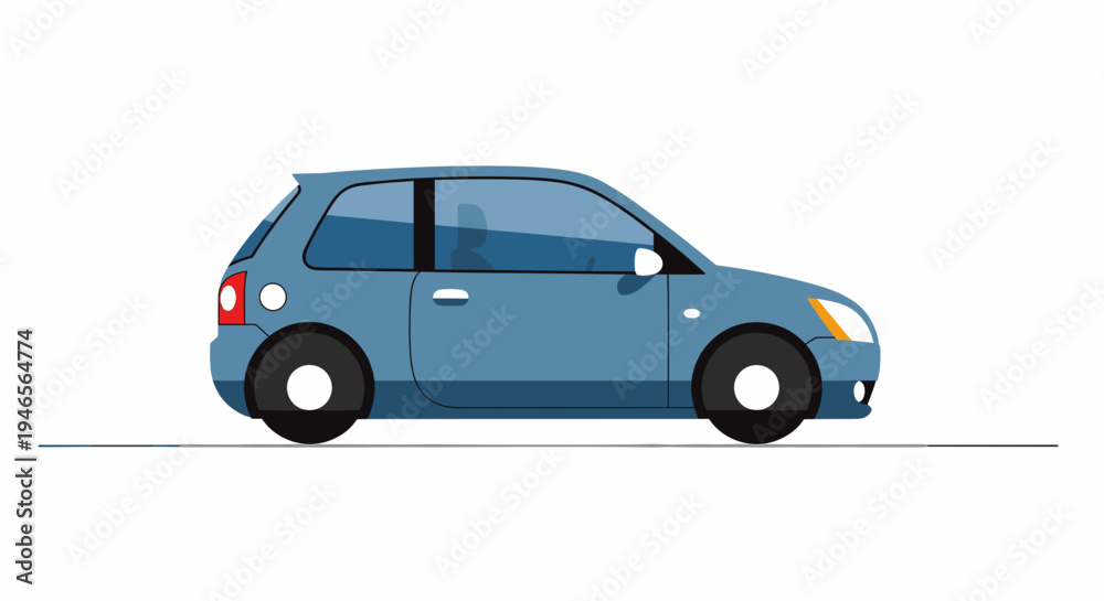 Obraz premium Side view of a blue two-door hatchback car in a simple vector illustration style, driving on a road with a white background.