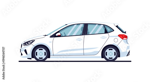Side view of a modern white hatchback car illustration, a compact vehicle for urban and personal transportation.