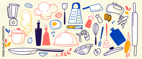 Doodle set of kitchen items and food isolated on white background. Vector illustration of cooking utensils, pots, chef tools, hand-drawn outline kitchenware, fruit and vegetables for culinary designs