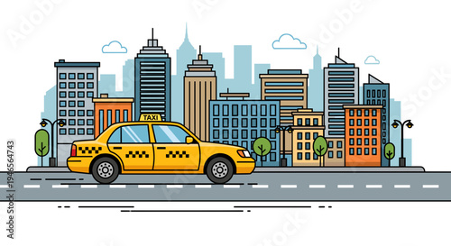 Yellow taxi cab driving on a city street with a modern urban skyline in the background, illustrating urban transportation and city life.