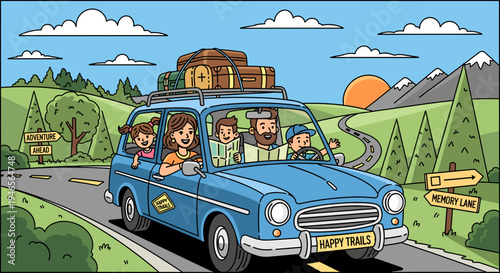 A happy family of four on a road trip in a blue car packed with luggage, driving through a scenic green landscape with mountains and a sunset.