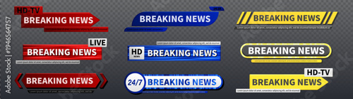 Breaking news TV banner templates set with live broadcast bar isolated on transparent background. Vector realistic illustration of headline frame for television channel screen design, important report